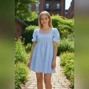 JACQUIE the LABEL Puff Sleeve Babydoll Gingham Dress Blue, Sz L